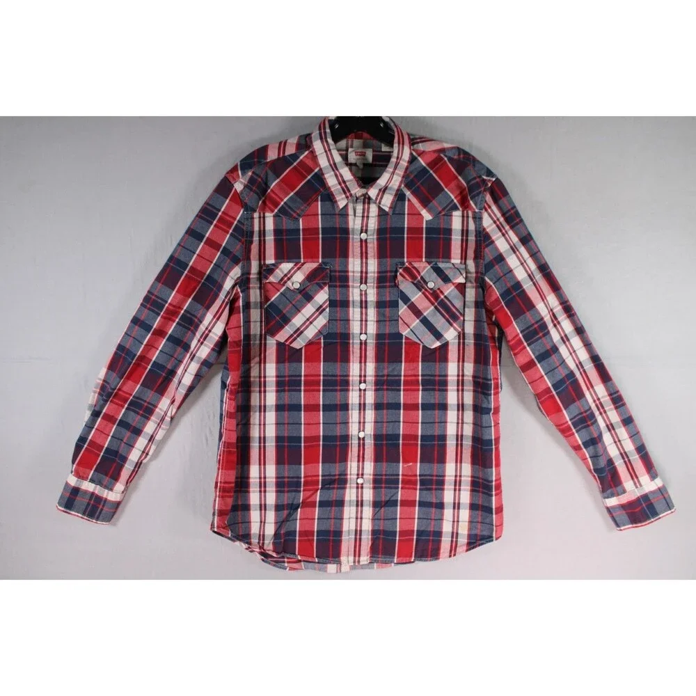 Levi's Western Plaid Snap Button Shirt Men's Large Red Blue White Cotton L